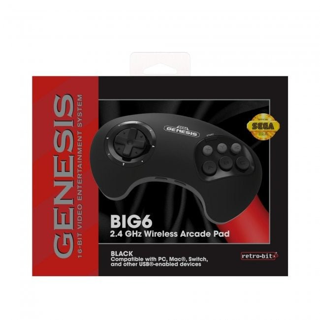 BIG6 wireless controller pad for Sega Mega Drive / Genesis, PC & Mac officially licensed - Black | Retro-Bit