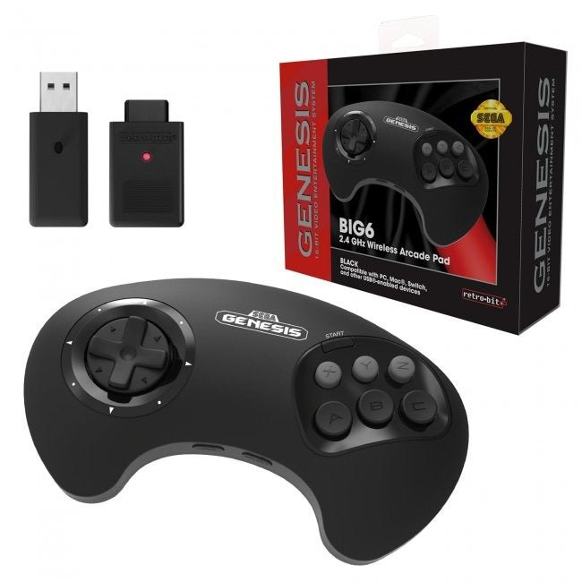 BIG6 wireless controller pad for Sega Mega Drive / Genesis, PC & Mac officially licensed - Black | Retro-Bit