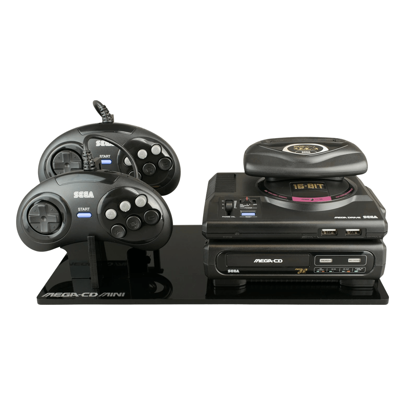 Displai Pro stand for Sega Mega-CD Classic Mini holder console & controllers - Crystal Black | Rose Colored Gaming