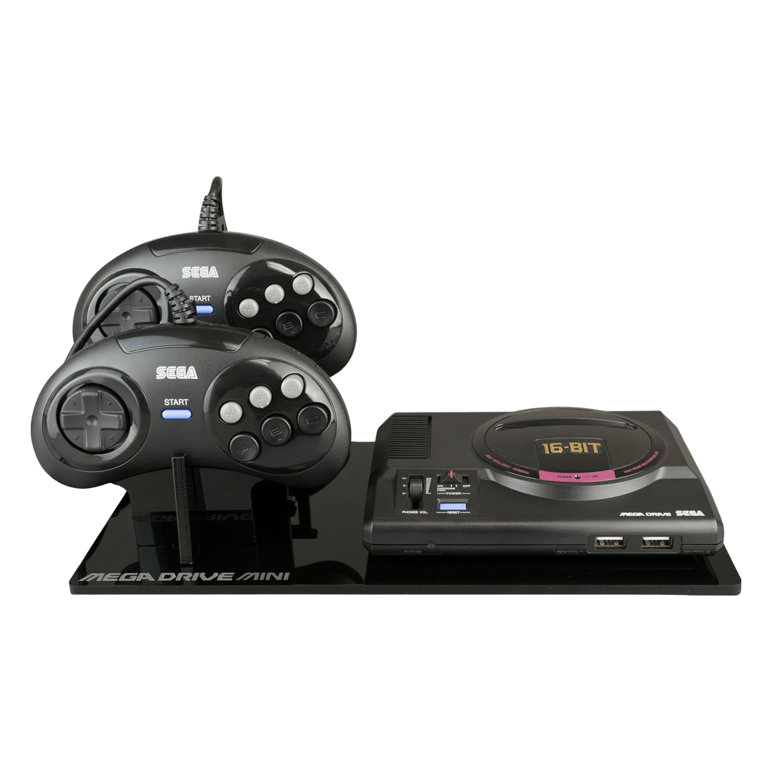 Displai Pro stand for Sega Mega Drive Mini holder console & controllers - Crystal Black | Rose Colored Gaming