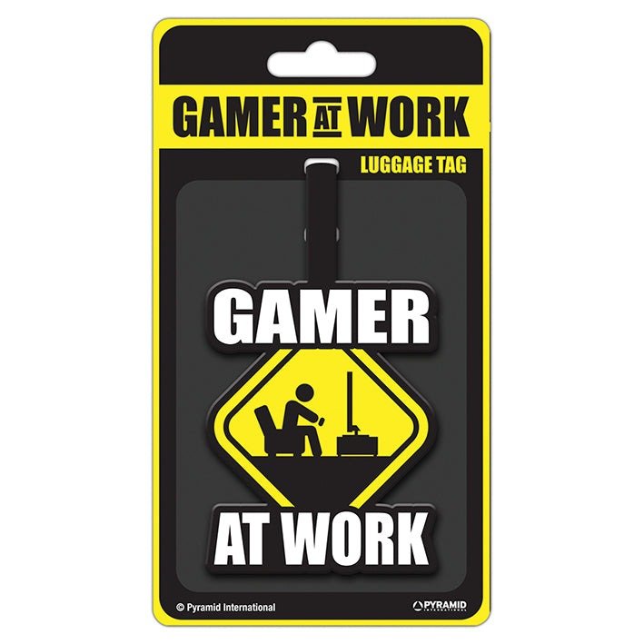 Gamer at work (Caution sign) luggage bag tag | Pyramid