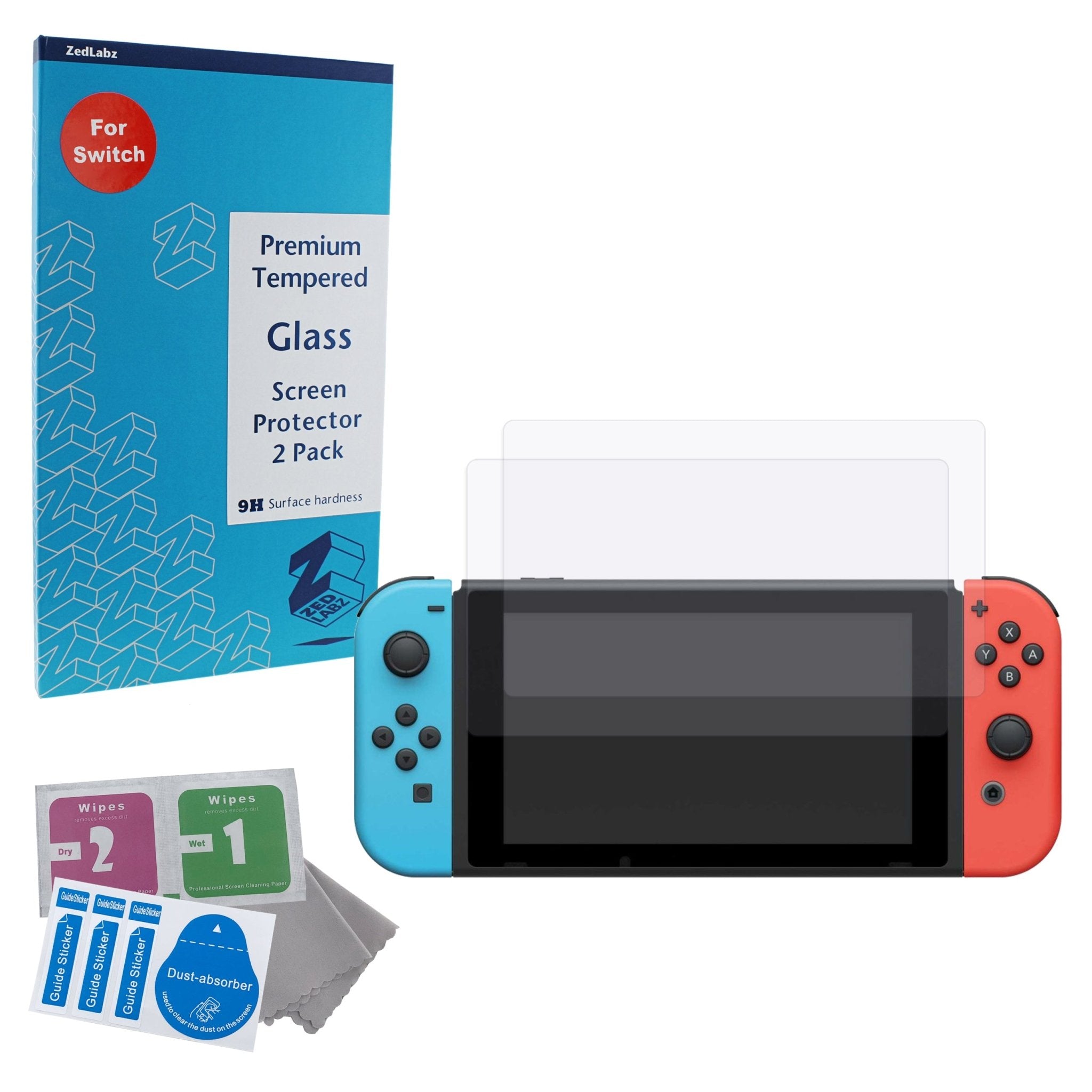Glass screen protector kit for Nintendo Switch premium easy install 9H tempered anti scratch protection  - 2 pack | ZedLabz