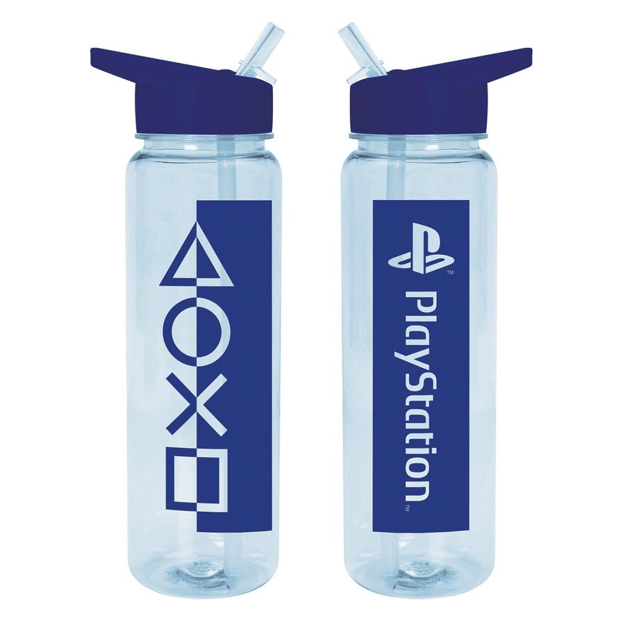 Plastic drinks bottle with integrated straw PlayStation officially licensed 700ml (25oz) blue | Pyramid