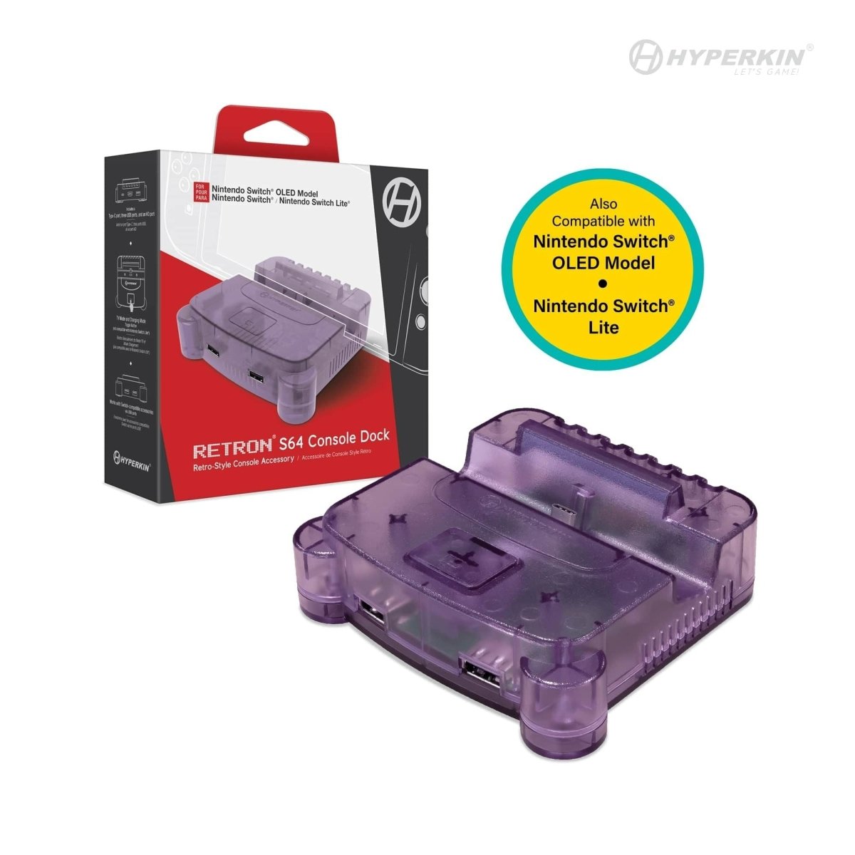 Retron S64 console dock for Nintendo Switch, Switch OLED & Switch Lite N64 style - Atomic purple | Hyperkin