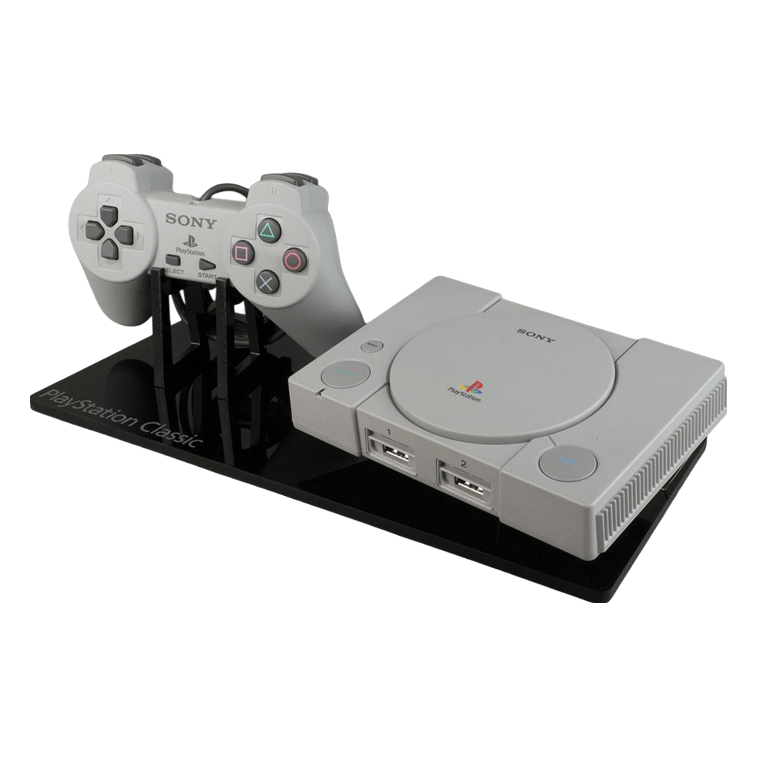 Shelf candy display stand for PlayStation Classic console & controller - Crystal Black | Rose Colored Gaming