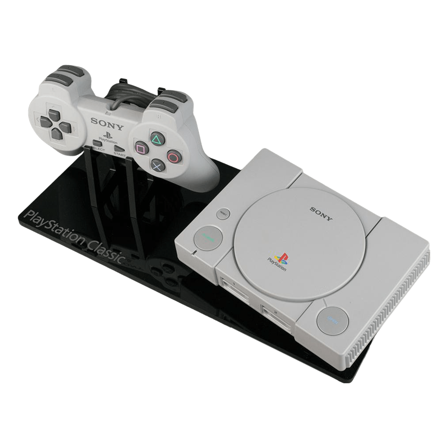 Shelf candy display stand for PlayStation Classic console & controller - Crystal Black | Rose Colored Gaming