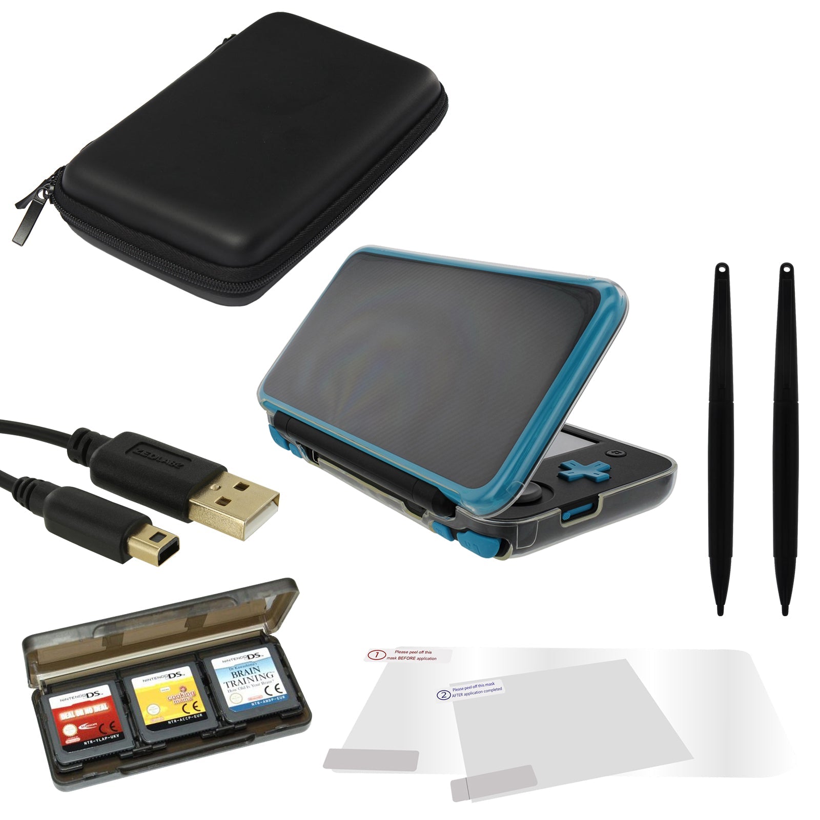 Starter accessories kit for Nintendo 2DS XL including flexi gel cover, screen protectors, storage bag, charging cable, game case & XL stylus | ZedLabz