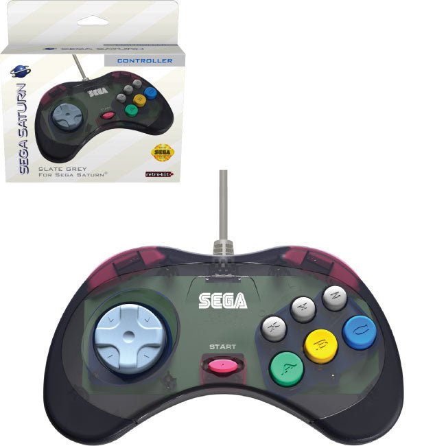 Wired controller pad for Sega Saturn officially licensed - 10ft (3 meters) slate grey skeleton cool pad | Retro-Bit