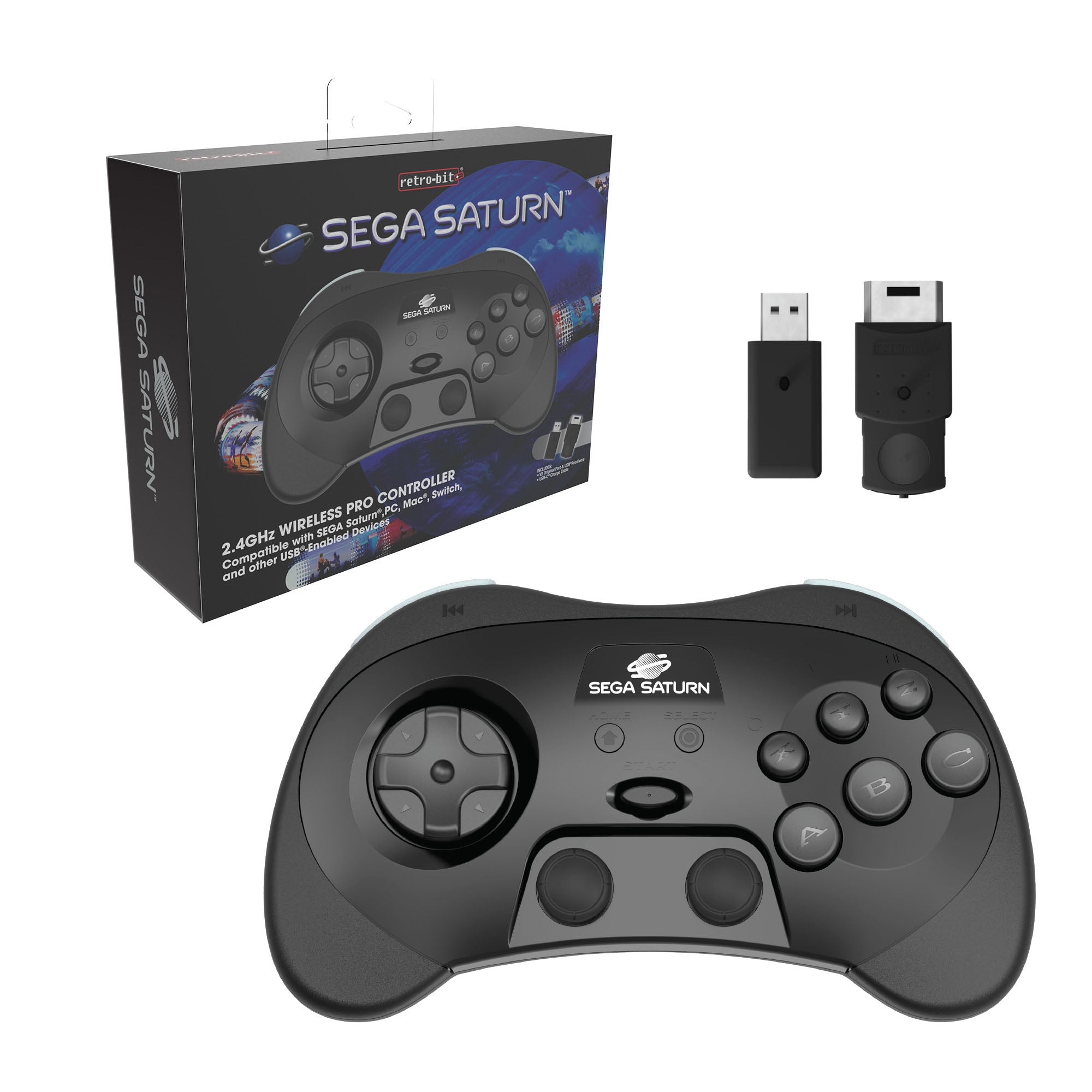 Wireless 2.4G pro controller for Sega Saturn, PC, & Mac officially licensed - Black | Retro-Bit