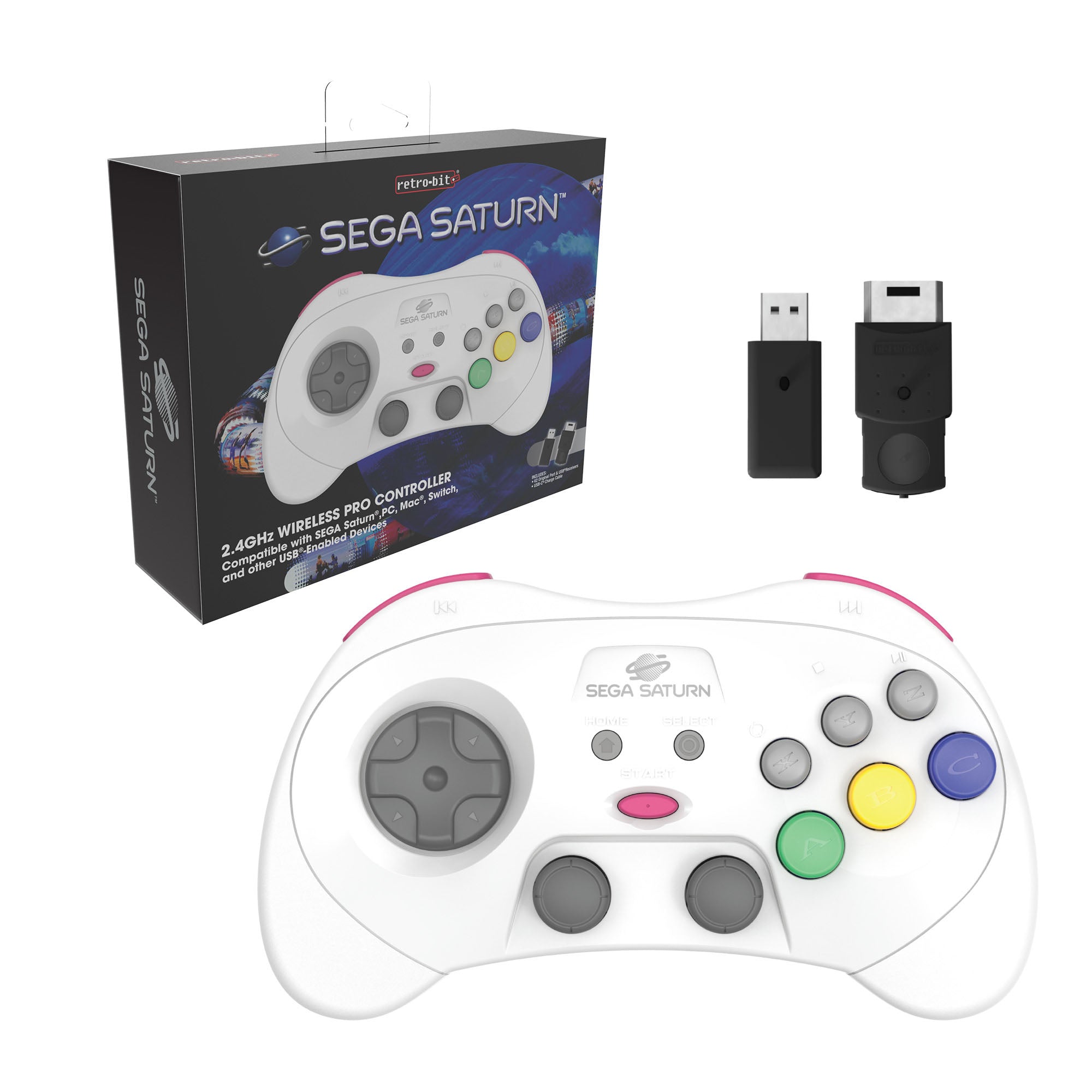 Wireless 2.4G pro controller for Sega Saturn, PC, & Mac officially licensed - White | Retro-Bit