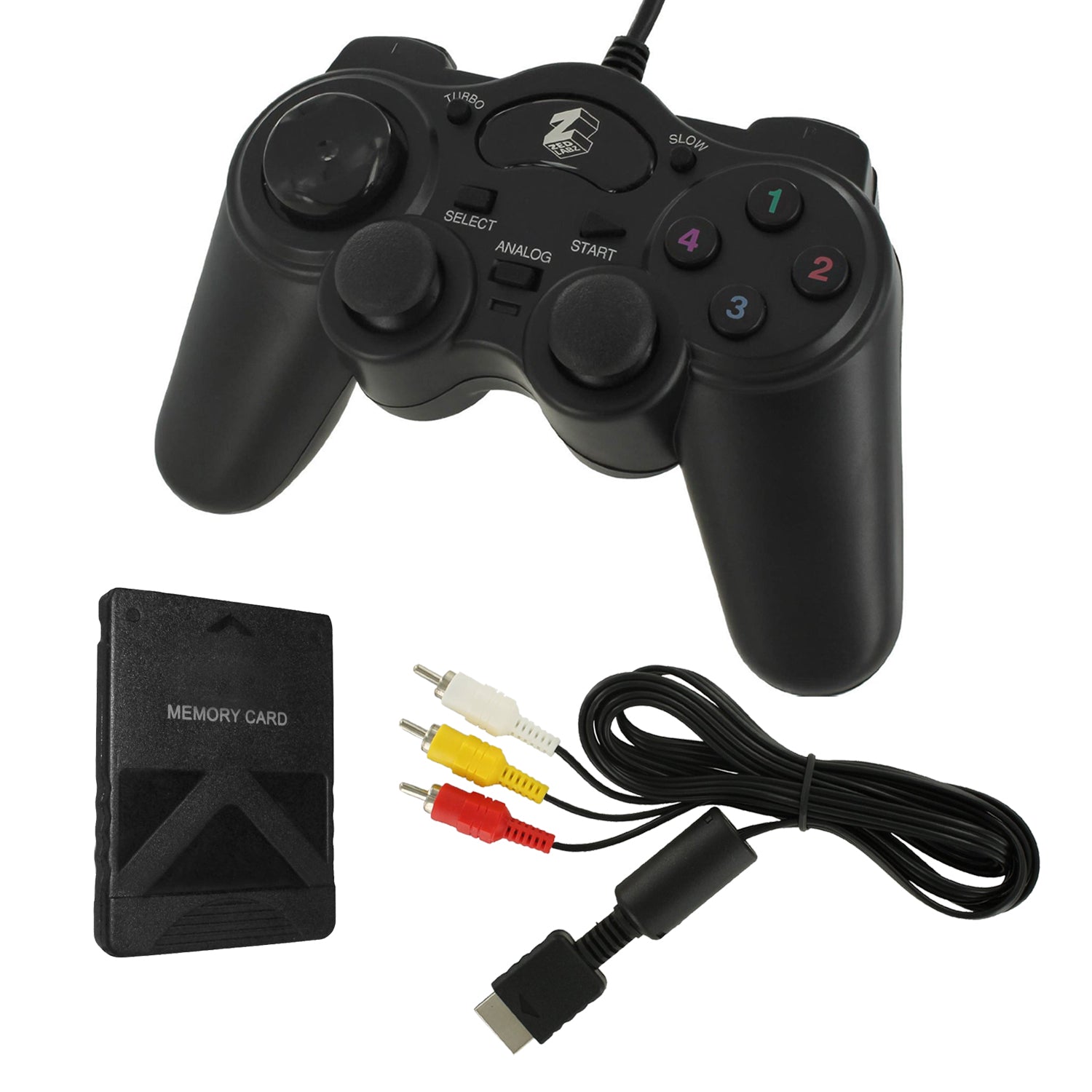 ZedLabz essentials pack for Sony PS2 consoles, includes wired controller, AV cable & 8MB memory card