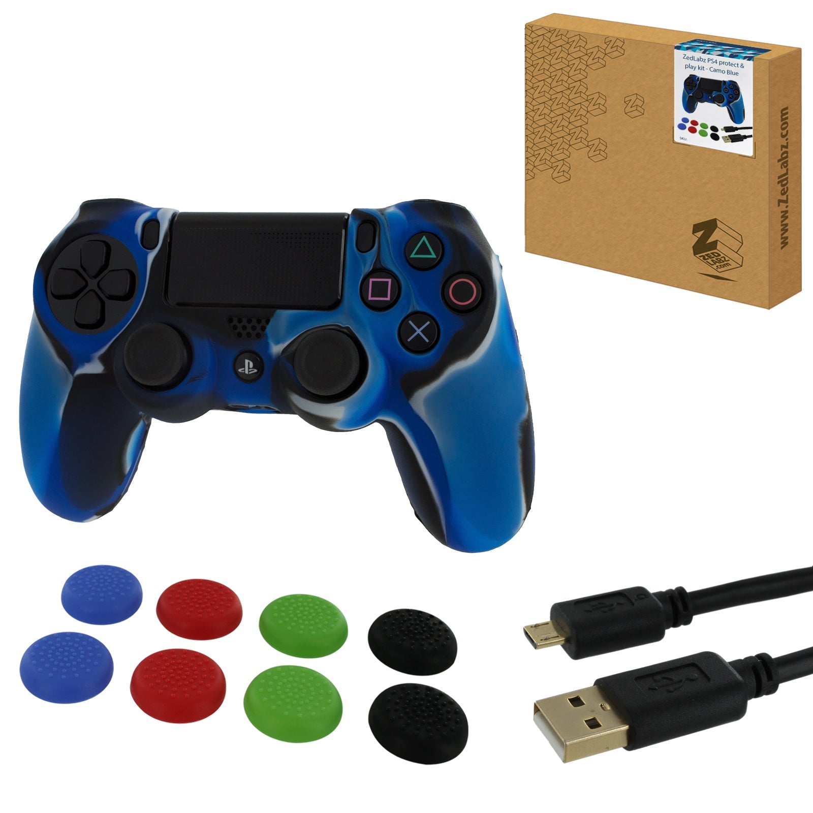 ZedLabz protect & play kit for PS4 inc silicone cover, thumb grips & 3m charging cable - camo blue