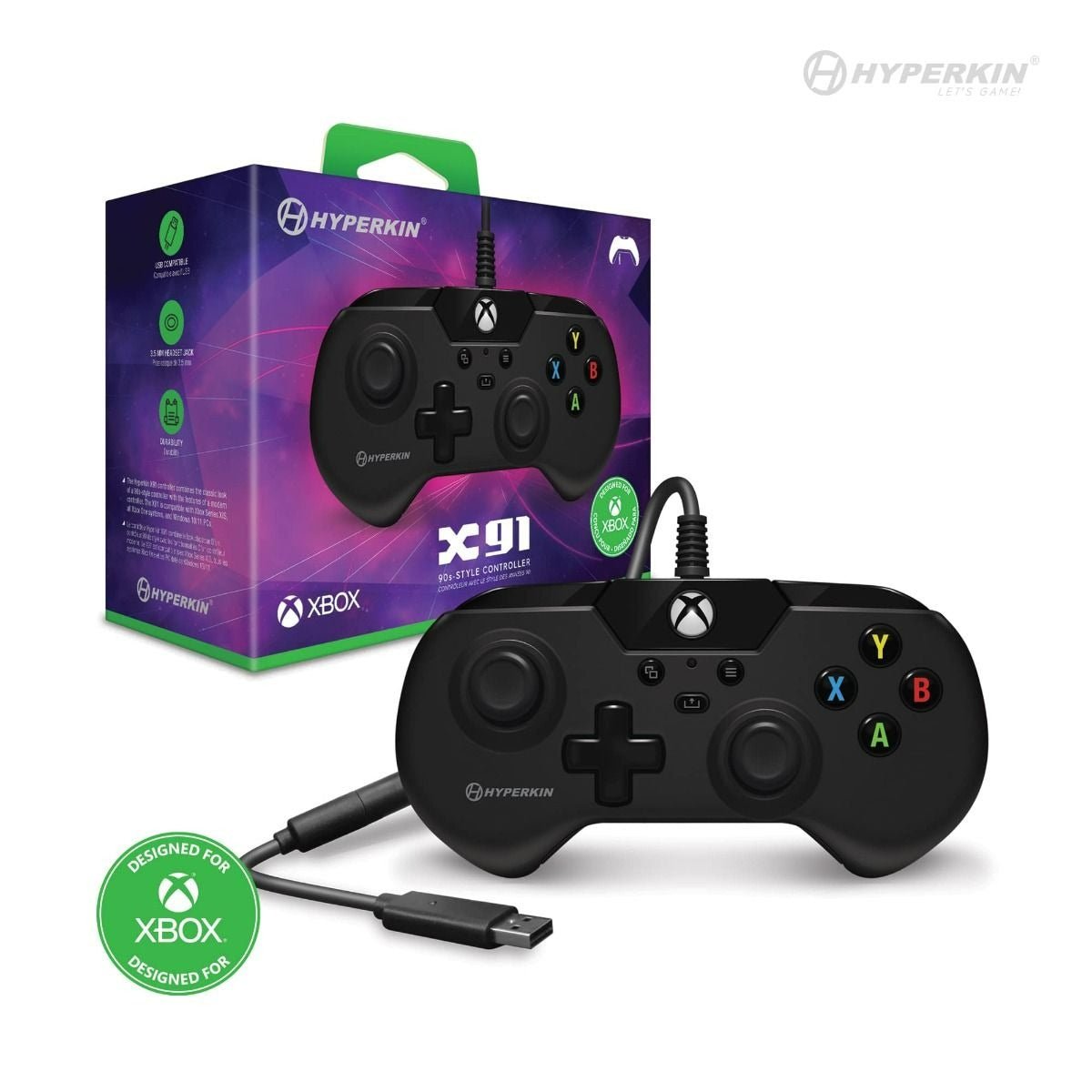 X91 retro style wired controller gamepad for Microsoft Xbox Series X/ Xbox Series S/ Xbox One/ Windows 10/11 PC - Black | Hyperkin