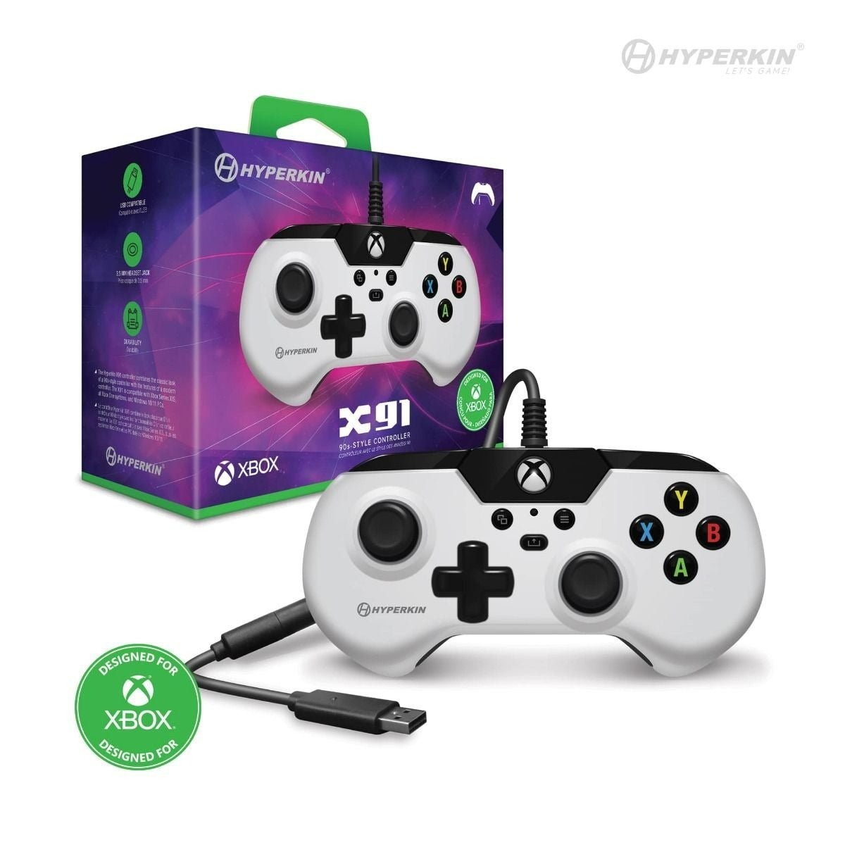 X91 retro style wired controller gamepad for Microsoft Xbox Series X/ Xbox Series S/ Xbox One/ Windows 10/11 PC - White | Hyperkin