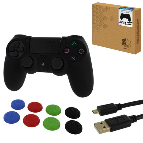 ZedLabz protect & play kit for PS4 inc silicone cover, thumb grips & 3m charging cable - black
