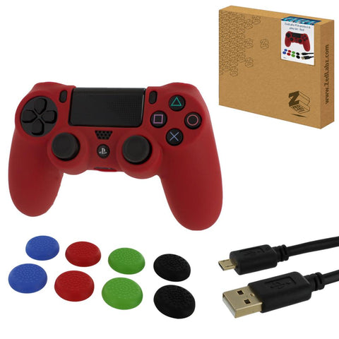 ZedLabz protect & play kit for PS4 inc silicone cover, thumb grips & 3m charging cable - red