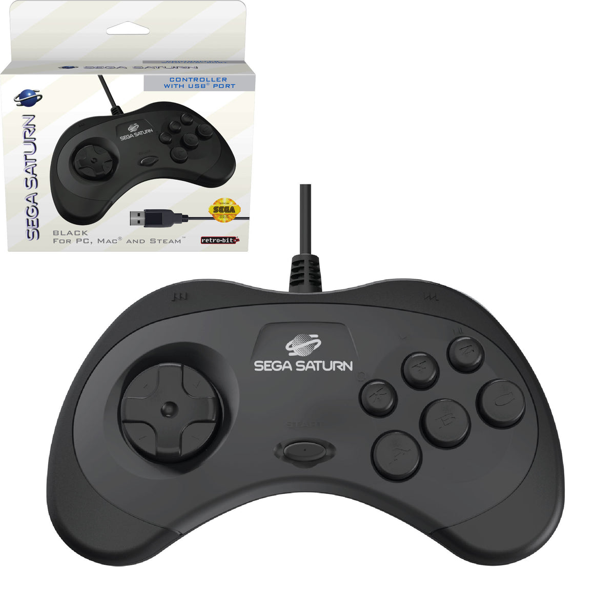 Sega Saturn USB wired controller Model 2 for PC, Mac, Steam & Switch - 10ft (3m) - Black | Retro-Bit