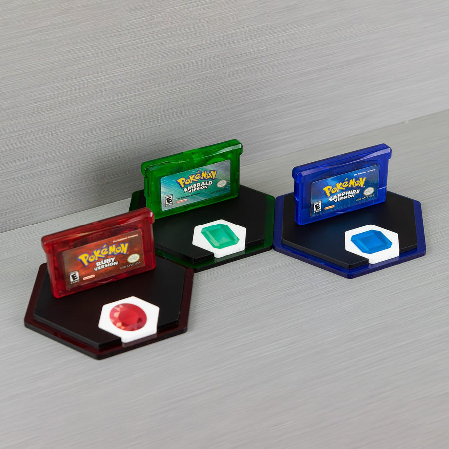 "Caught 'em All" cartridge display stand for Pokemon generation III carts - Ruby, Sapphire & Emerald Edition | Rose Colored Gaming