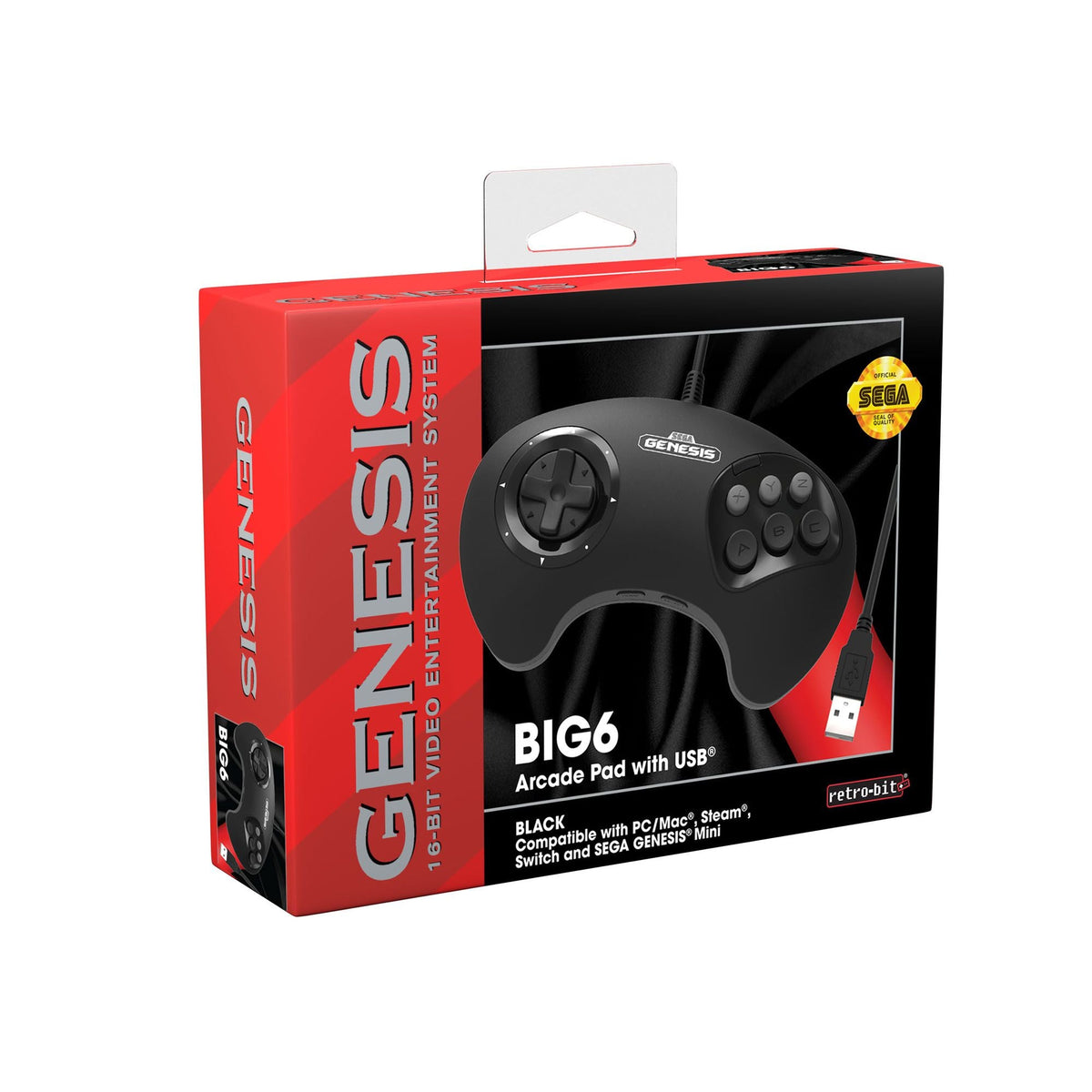 BIG6 wired USB controller pad for PC, MAC, Switch, Steam officially licensed - 10ft (3 meters) Black | Retro-Bit