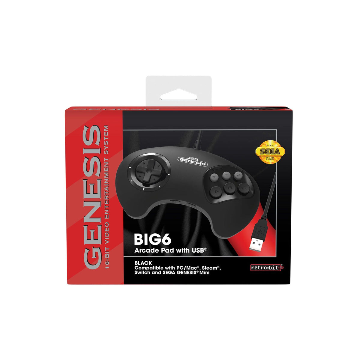 BIG6 wired USB controller pad for PC, MAC, Switch, Steam officially licensed - 10ft (3 meters) Black | Retro-Bit