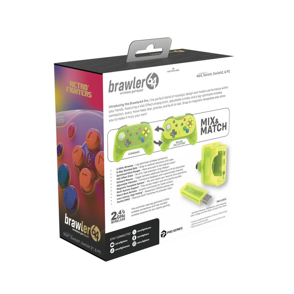 Brawler64 Pro wireless controller for Nintendo 64 N64, Swicth, Switch 2, PC gamepad - Extreme Green | Retro Fighters - 2