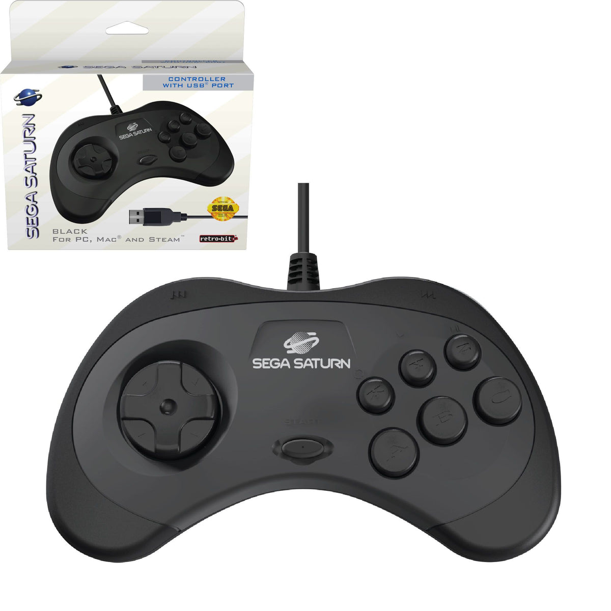 Sega Saturn USB wired controller Model 2 for PC, Mac, Steam & Switch - 10ft (3m) - Black | Retro-Bit