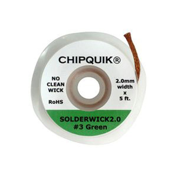Desoldering braid solder wick no clean 2.0mm x 5ft - #3 Green | Chip Quik - 1