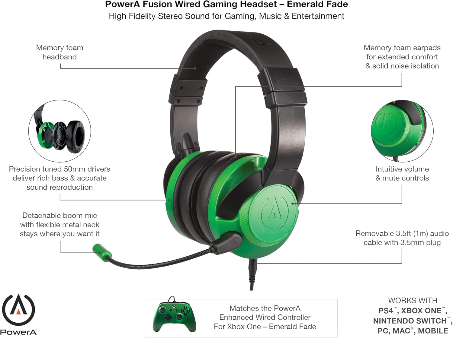 Fusion Wired Gaming Headset for Xbox One PS4 Switch PC Mac Emmerald Green | PowerA - 5