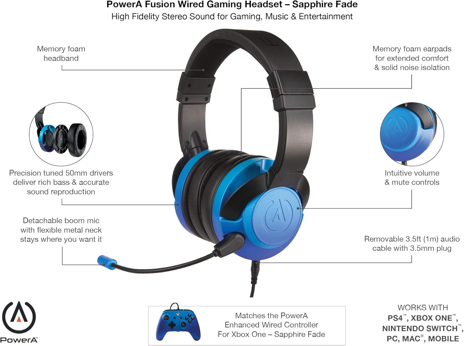 Fusion Wired Gaming Headset for Xbox One PS4 Switch PC Mac Sapphire Blue | PowerA - 4