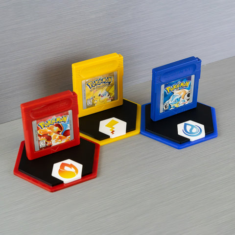 "Caught 'em All" cartridge display stand for Pokemon generation I carts - Red, Blue & Yellow Edition | Rose Colored Gaming