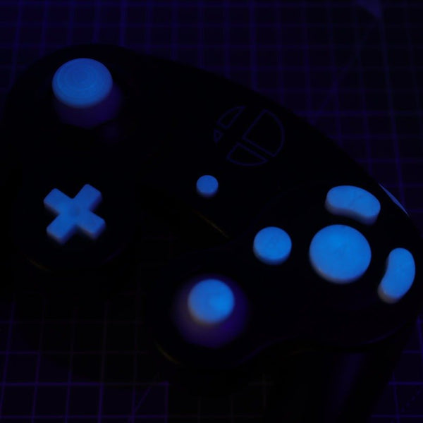 Hand cast custom resin buttons for Nintendo GameCube controller - Glow in the Dark Blue | Lab Fifteen Co