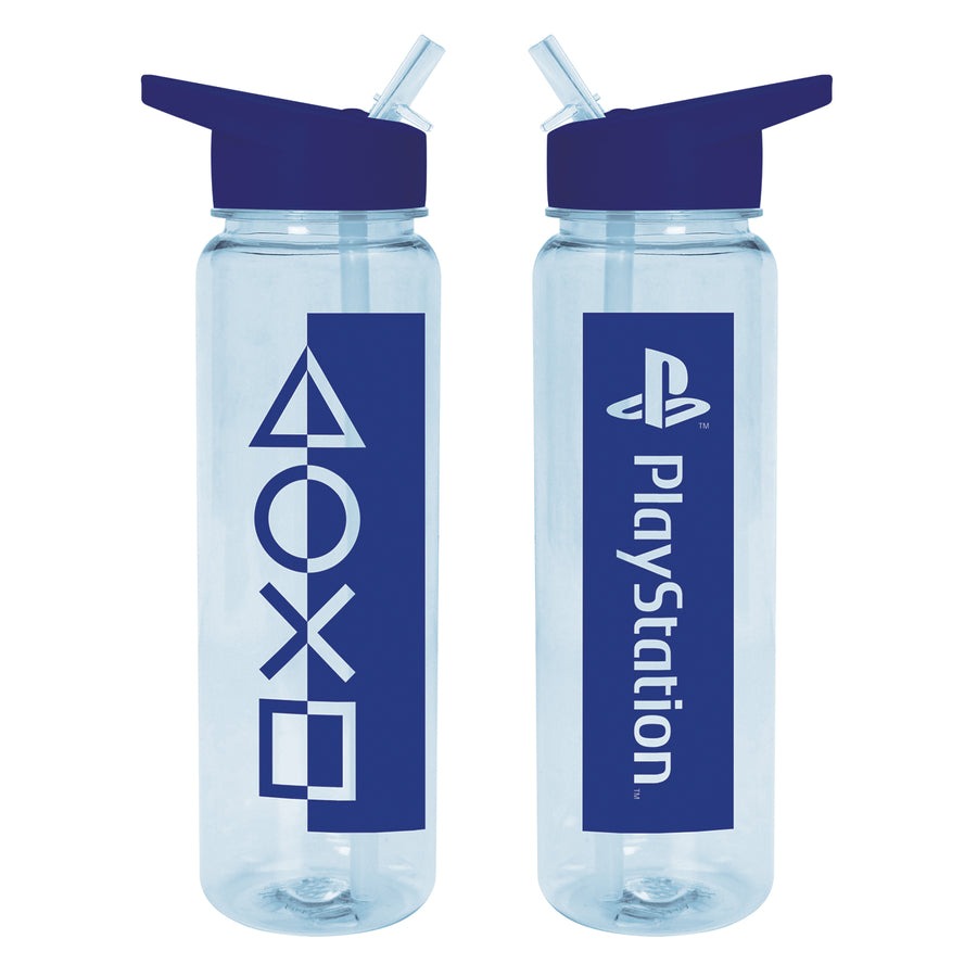 Plastic drinks bottle with integrated straw PlayStation officially licensed 700ml (25oz) blue | Pyramid