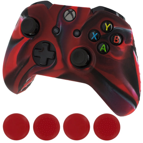 ZedLabz camo red silicone rubber skin grip cover & red thumb grip pack for Xbox One controller