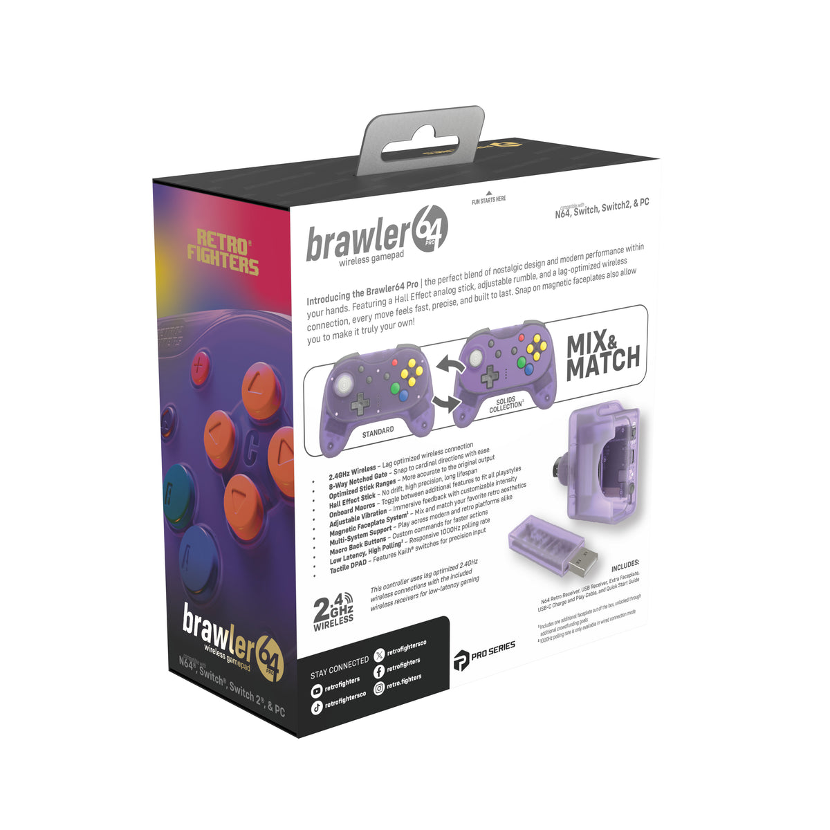 Brawler64 Pro wireless controller for Nintendo 64 N64, Swicth, Switch 2, PC gamepad - Atomic Purple | Retro Fighters