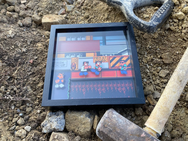 River city: Rivals at work scene video game (1989) shadow box art officially licensed 9x9 inch (23x23cm) | Pixel Frames