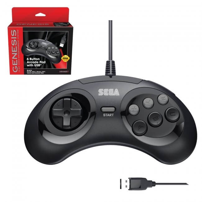 6-Button wired USB controller (Genesis / Megadrive style) pad for PC, MAC, Switch, Steam officially licensed - 10ft (3 meters) Black | Retro-Bit