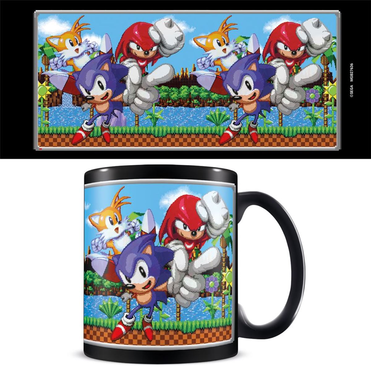 Sonic The Hedgehog pixelated retro trio scene official mug 11oz/315ml black ceramic | Pyramid - 1