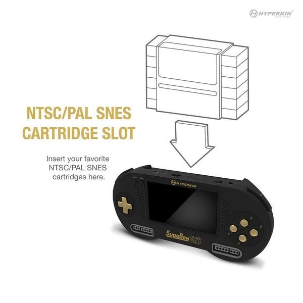 SupaBoy portable handheld Snes Console, compatible with Super NES & Super Famicom game cartridges, NTSC & PAL - Black Gold | Hyperkin