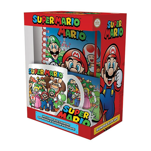 Super Mario evergreen premium gift set including Mug, Coaster, notebook & Keychain | Pyramid
