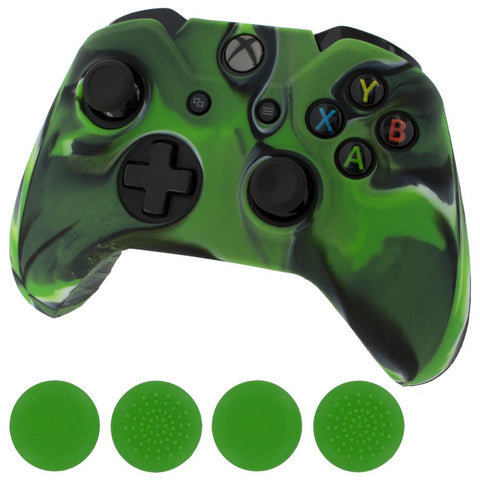 ZedLabz camo green silicone rubber skin grip cover & green thumb grip pack for Xbox One controller