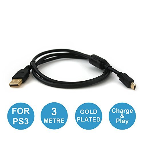USB charging cable for Sony PS3 controller 3m gold plated mini extra long charge & play lead - Black | ZedLabz - 4