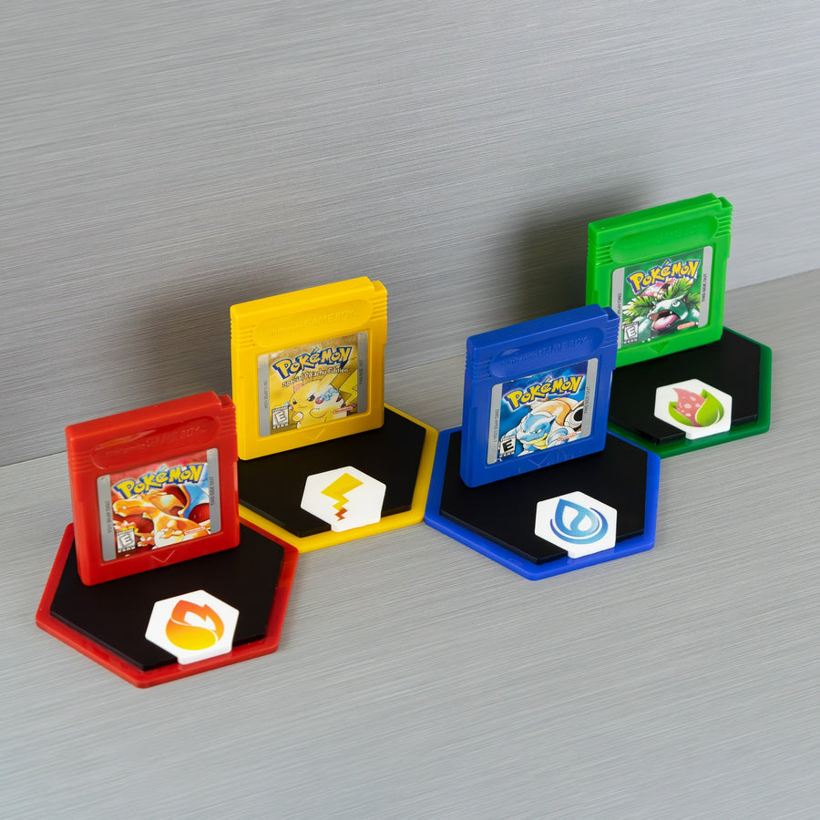 "Caught 'em All" cartridge display stand for Pokemon generation I carts - Red, Blue & Yellow plus Green | Rose Colored Gaming