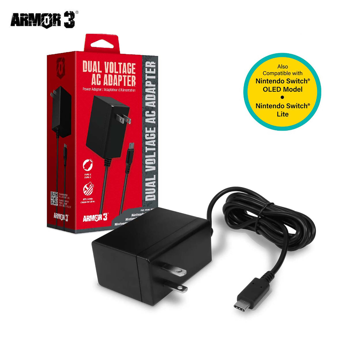 Dual voltage AC adapter for Nintendo Switch, Switch OLED & Switch Lite - US plug | Armor3