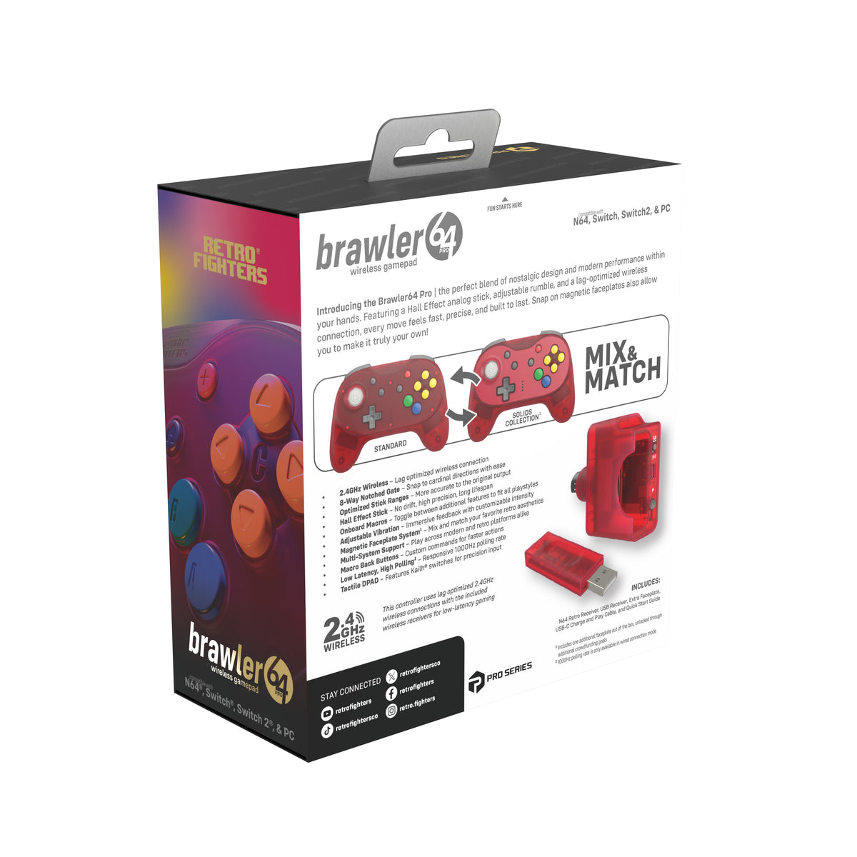 Brawler64 Pro wireless controller for Nintendo 64 N64, Swicth, Switch 2, PC gamepad - Watermelon Red | Retro Fighters