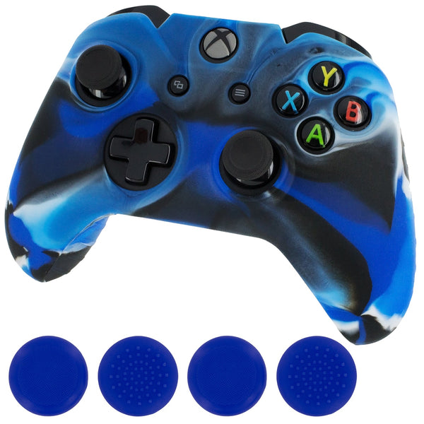 ZedLabz camo blue silicone rubber skin grip cover & blue thumb grip pack for Xbox One controller