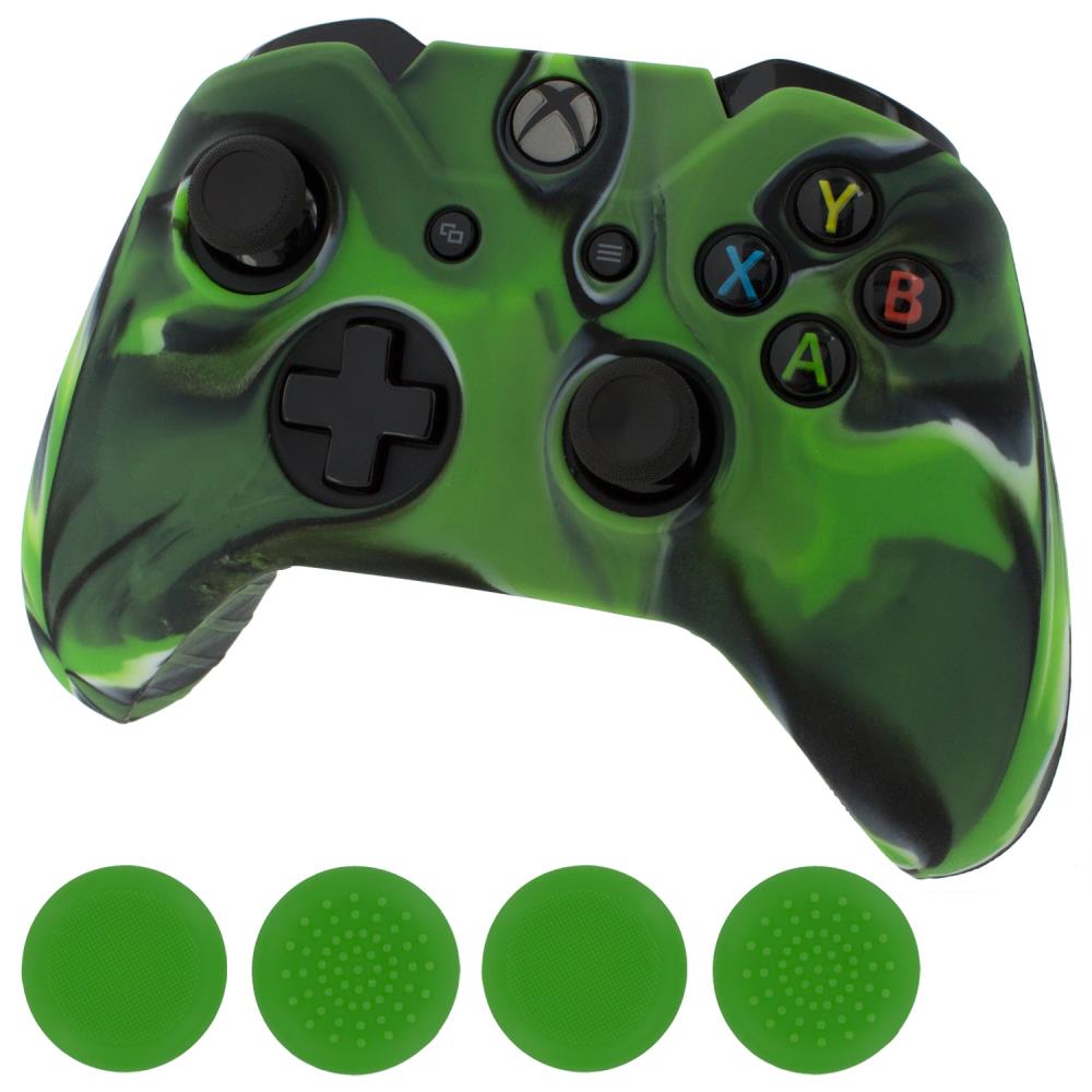 ZedLabz camo green silicone rubber skin grip cover & green thumb grip pack for Xbox One controller - 1